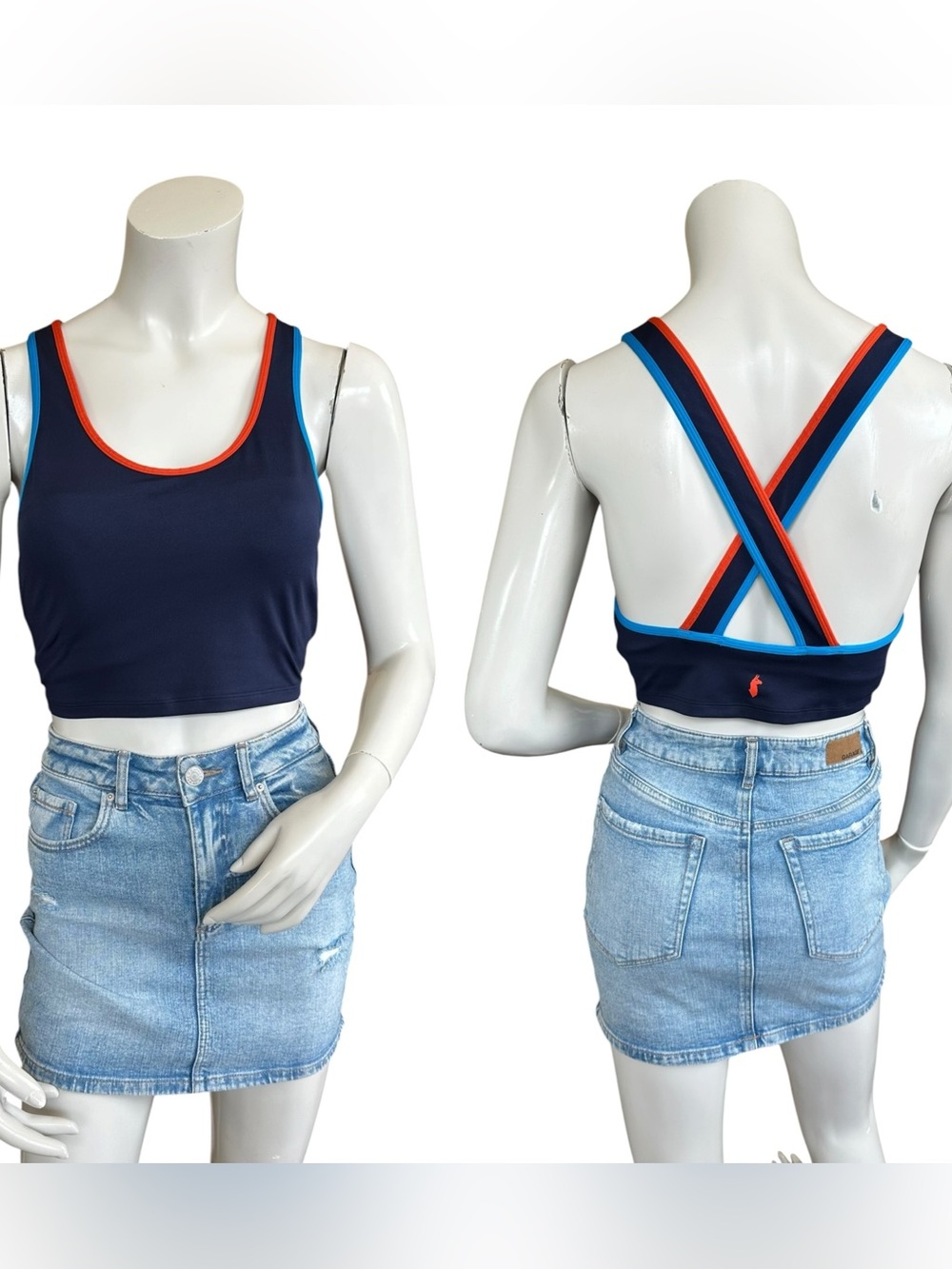 Cotopaxi Haut Mari Navy Blue Orange Criss Cross Bra Crop Top Women Size Small
